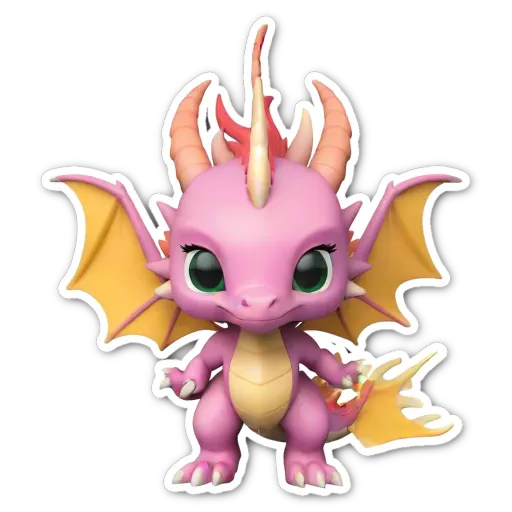 A sticker of a dragon with fire wings and green eyes.