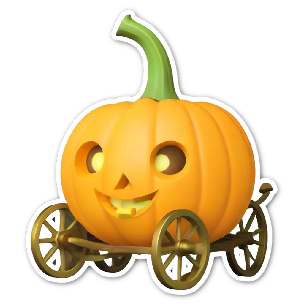 A carved pumpkin that is also a wagon with a smiley face and two wheels.