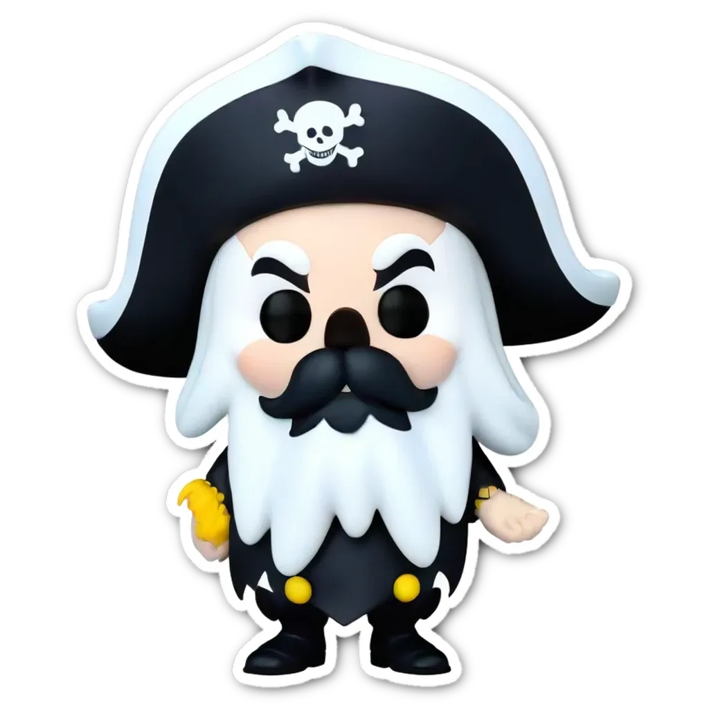 A plastic pirate that has a mustache and is holding a gold coin.