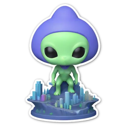 A sticker of an alien populating a city with a black and purple figure.