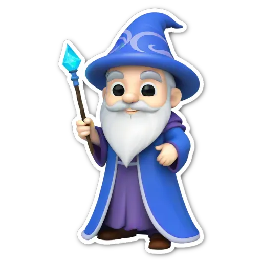 A blue pop figure with a wand is wearing a purple robe.