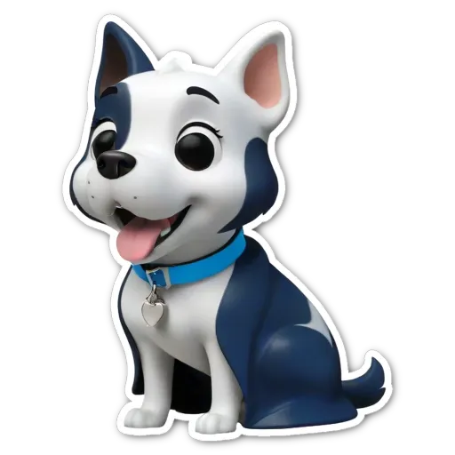 A blue and white dog with a heart tag is sitting on the floor.