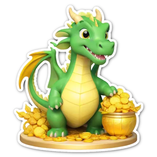 A green dragon holding gold in a pail is smiling.