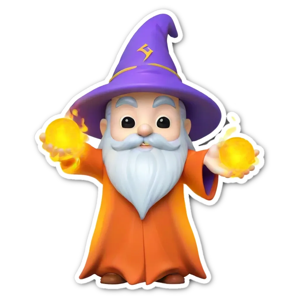 A sticker of a wizard who is holding golden balls.