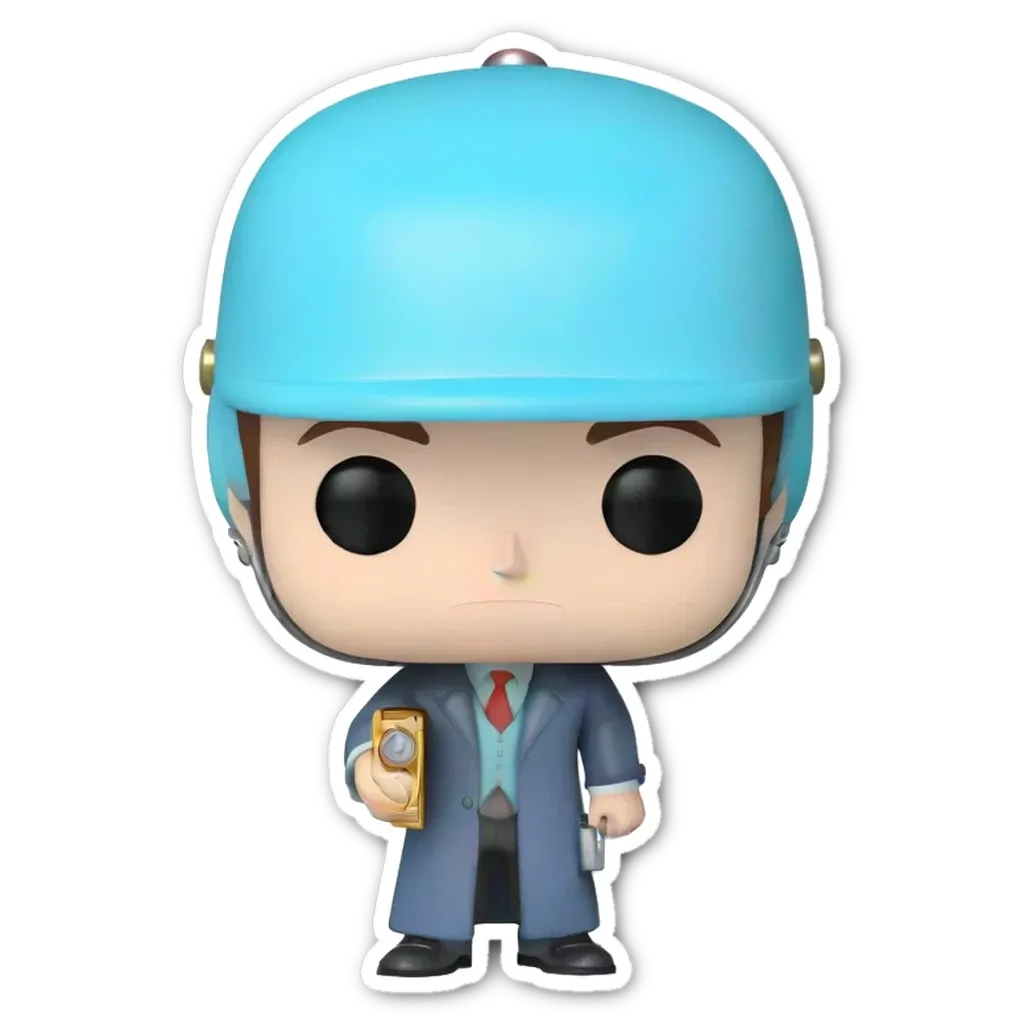 A blue cartoon character pop up is wearing a tie and coat.