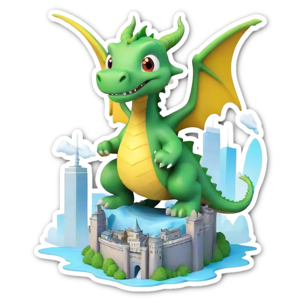 A green dragon stands on a castle in front of a body of water.