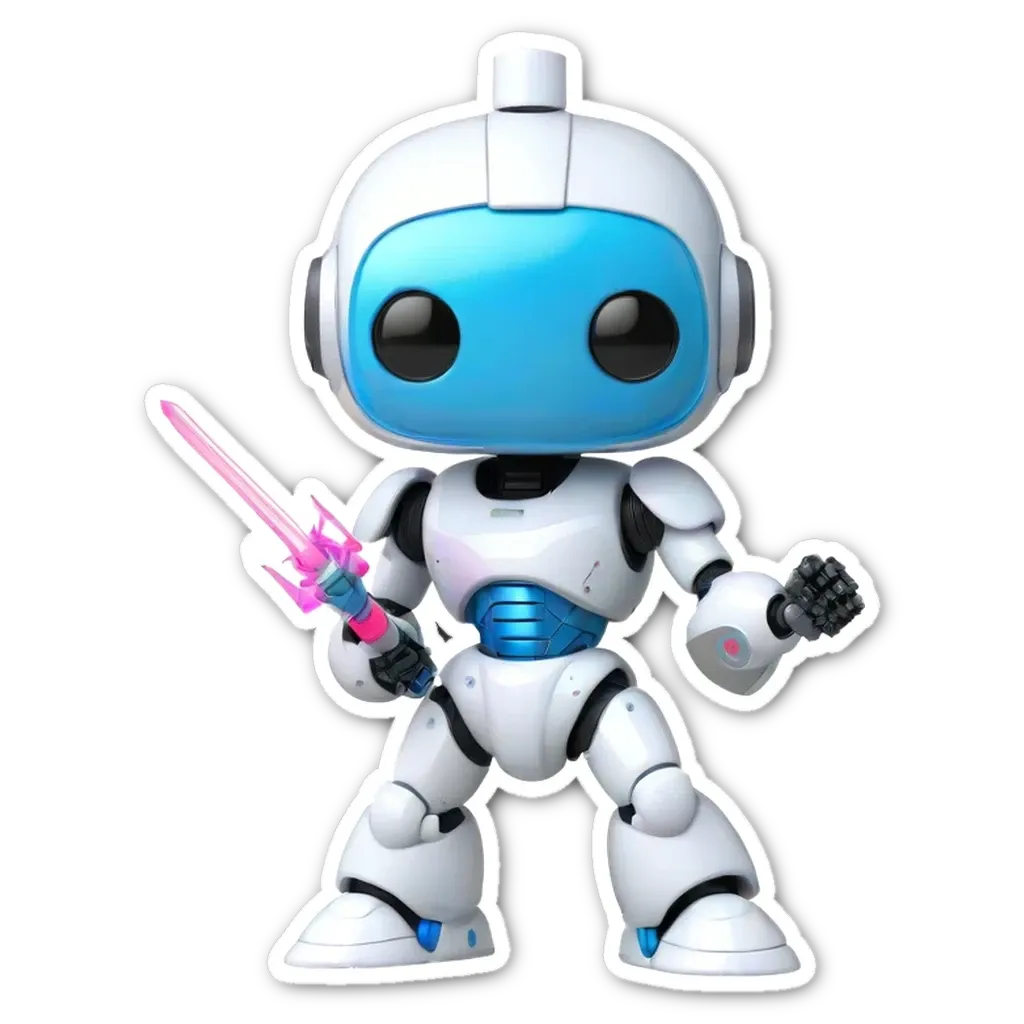 A plastic robot with a sword is standing on a black background.