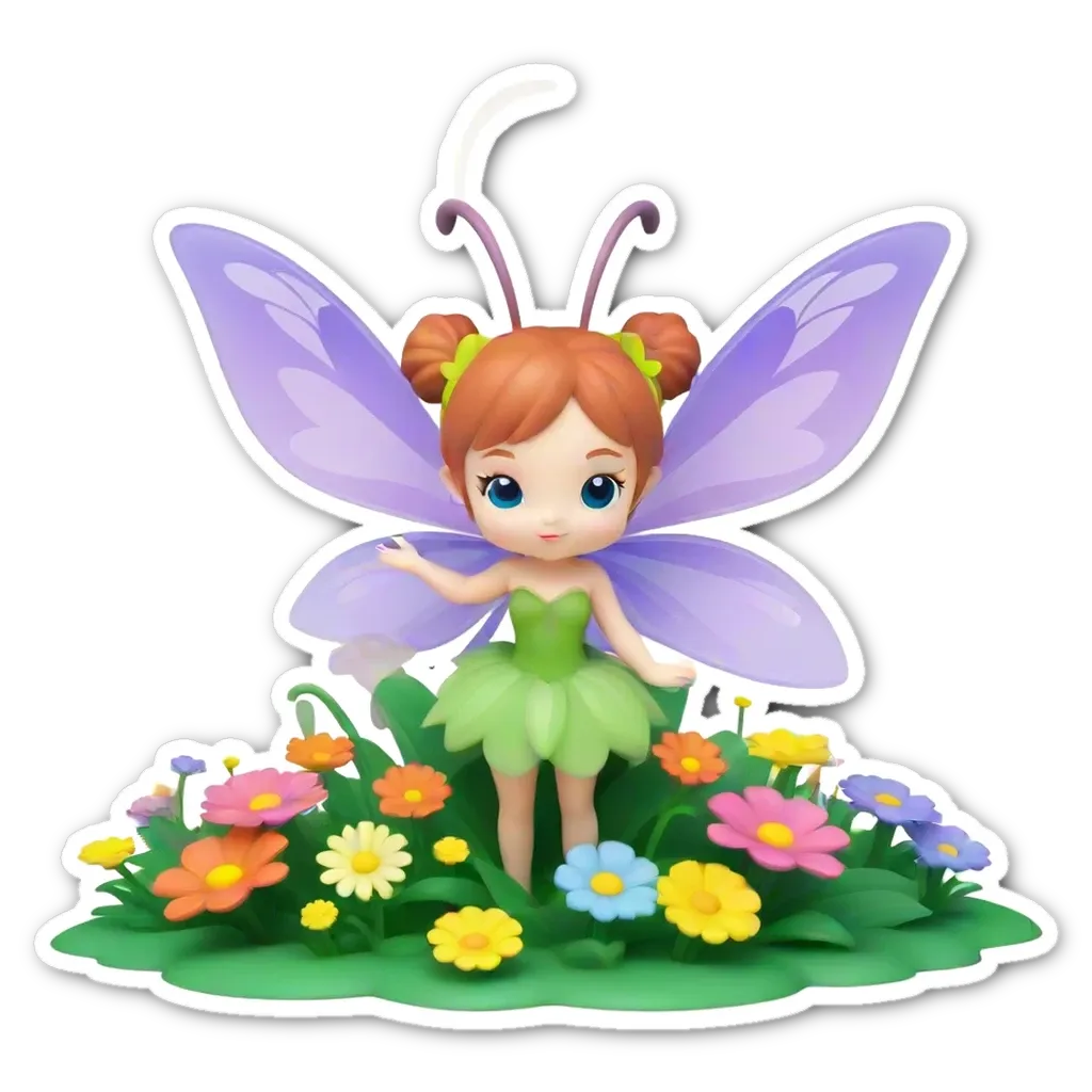 A small purple and green figure of a fairy on flowers.