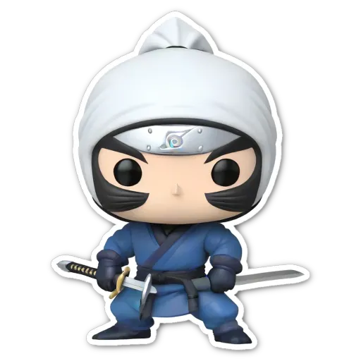 A sticker of a pop figure with a katana and a white hat.