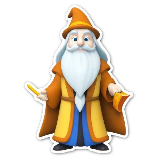 A cartoonish figure of a wizard wearing an orange robe and holding a yellow book.