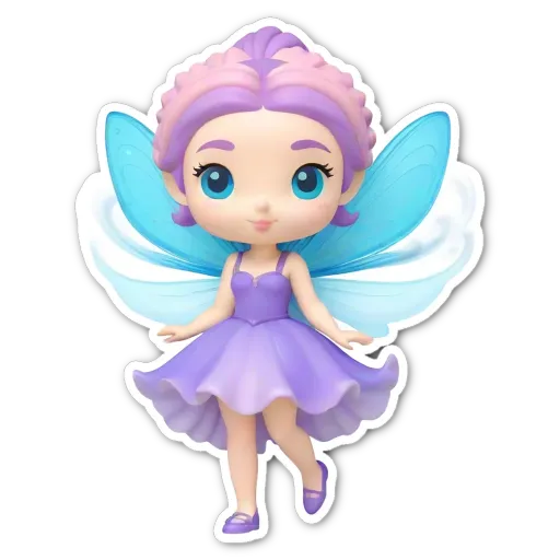 A small purple and blue fairie with big blue eyes.