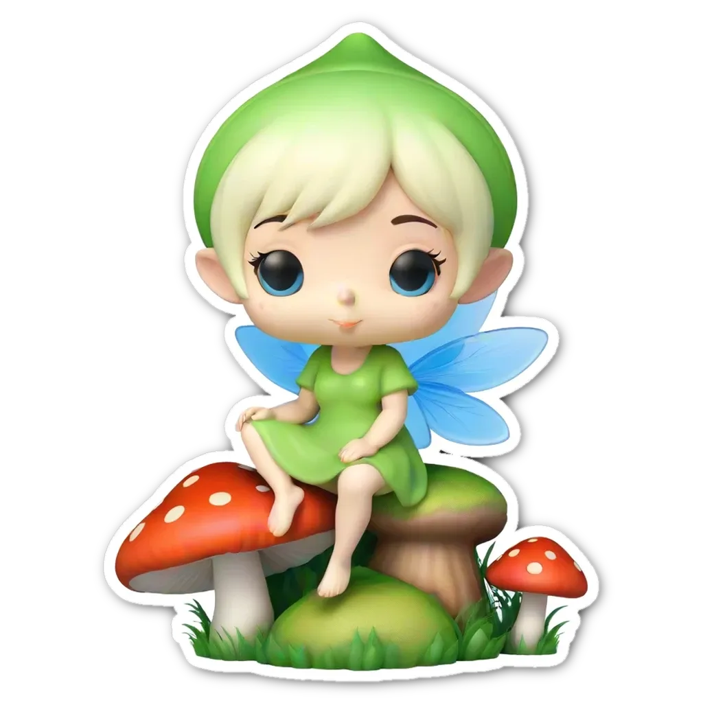 A green fairy sitting on a mushroom with a sticker of a fairy on it.