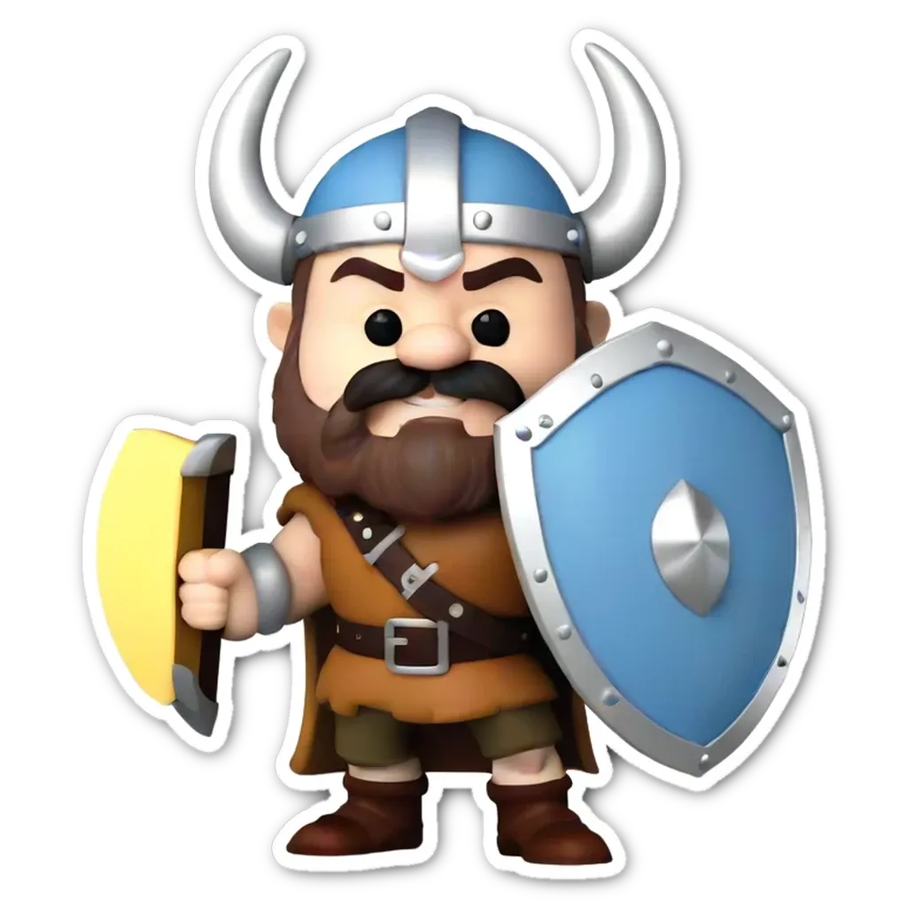 A plastic viking figure holding a shield and wearing a blue beard.