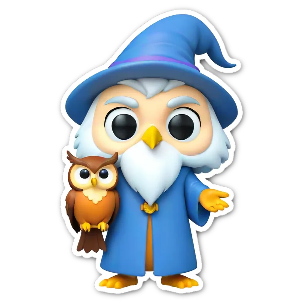 A blue owl is holding a wizard figure that has a face.