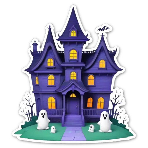 A sticker of a house with six ghosts that is on a black background.