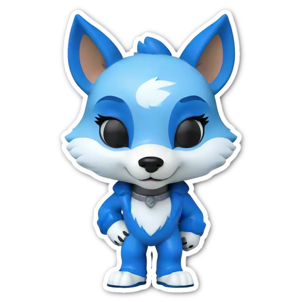 A blue cartoon fox figure on a black background.