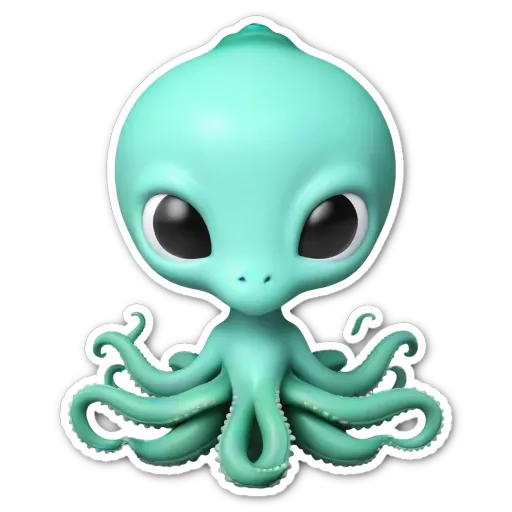 A green colored octopus with black eyes is sitting on a black background.