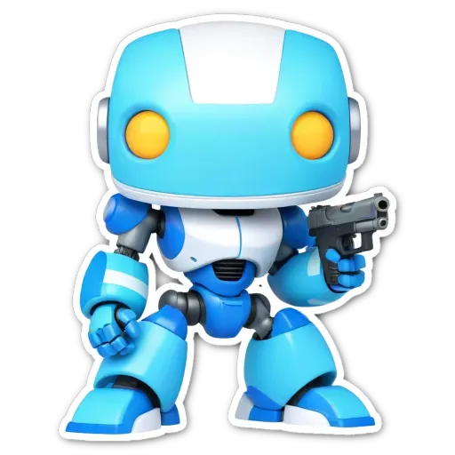 a blue and white robot with a gun on its left hand.