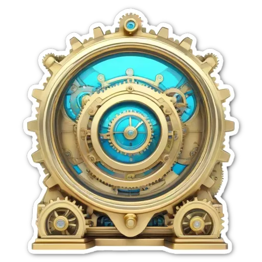 A gold and blue clock with lots of gears and a time of 3:33.