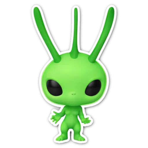 A green sticker of an alien figure with three eyes.