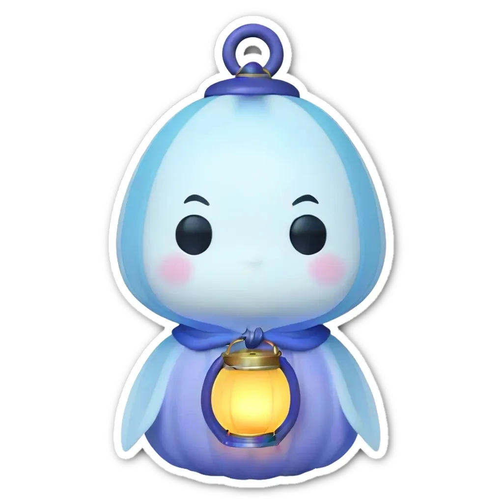 A sticker of a scary ghost that is holding a lantern.