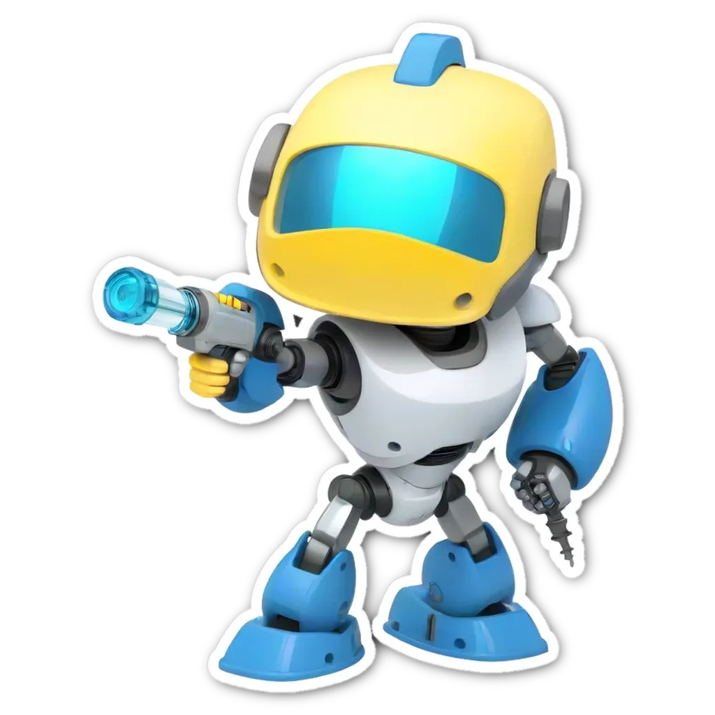 A character with a gun that is blue and white.