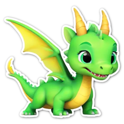 A green dragon with yellow wings is smiling.