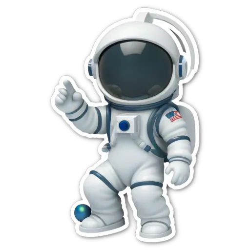 A space man in a white uniform pointing to the sky.