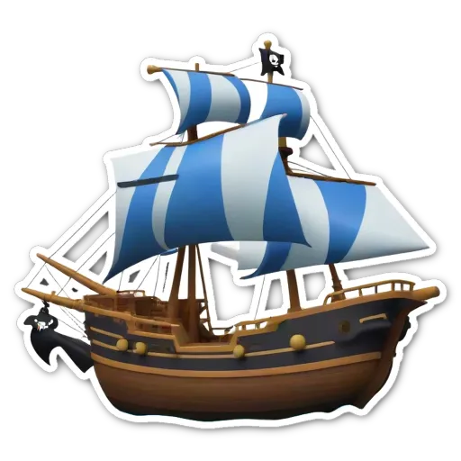 A sticker of a ship with the word pirate on the front.