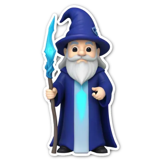 A cartoon drawing of a wizard with a blue staff.