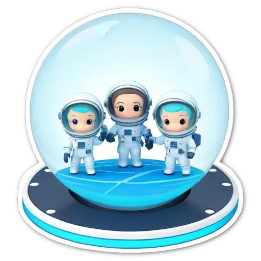 Three little boys in space wearing helmets, with their arms around each other, inside a glass globe.