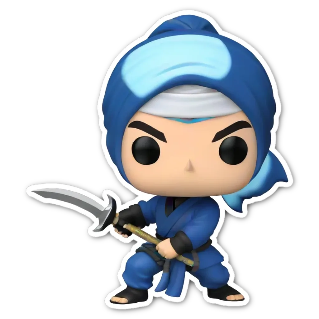 A blue and white figure with a sword is holding a pop figure.