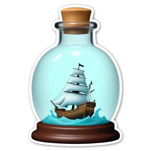 A sticker of a ship in a glass bottle with a cork in it.