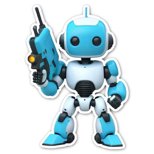 A blue and white robot holding a gun.