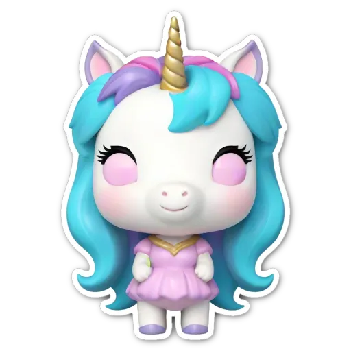 A sticker of a unicorn with blue eyes and a pink dress.