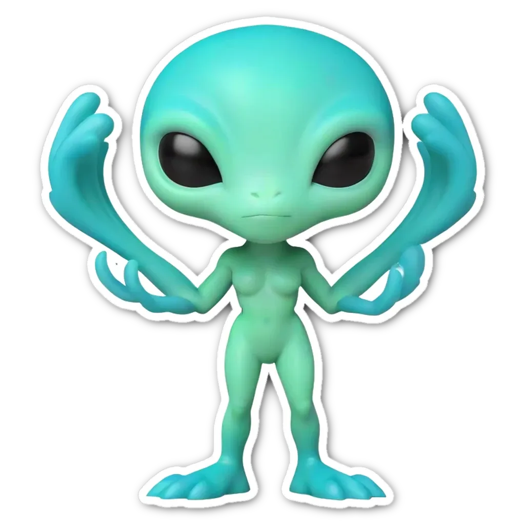 A sticker of a green alien that is holding its arms up.