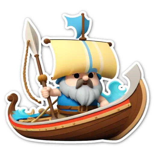 A cartoon depiction of a gnome sailing a boat with a white and blue flag.