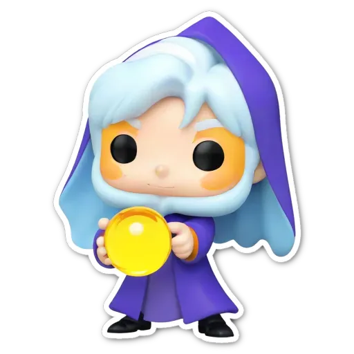 A colorful pop figure holding a ball and wearing a purple robe.