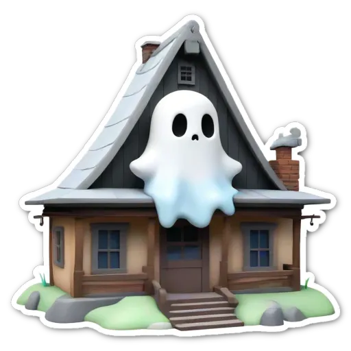 A ghost in a house sticker is placed on a black background.