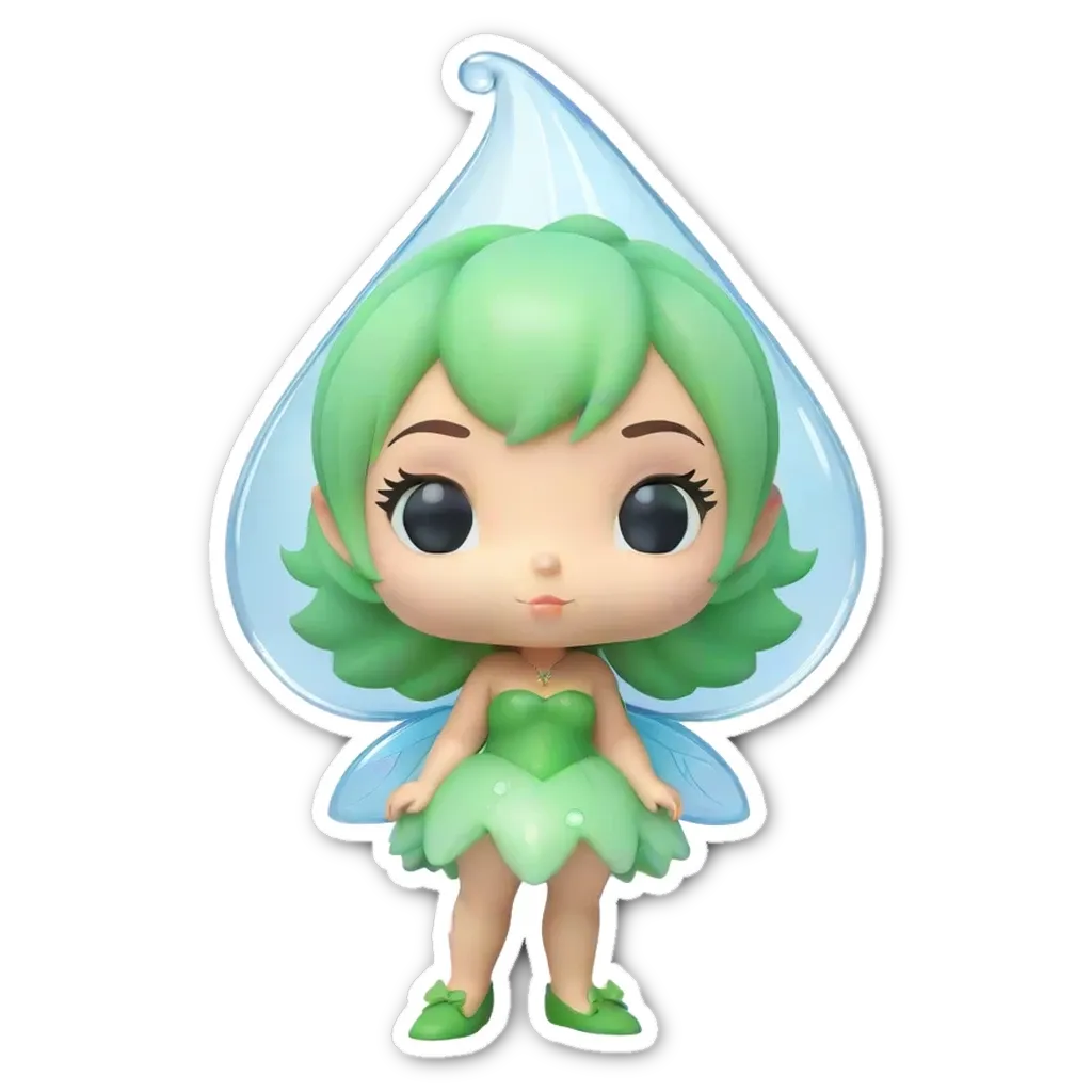 A small green fairy that is wearing a green dress.