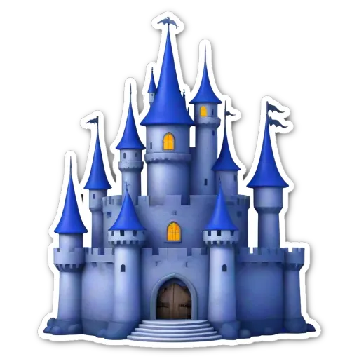 A blue and white castle is stickerised onto a black background.