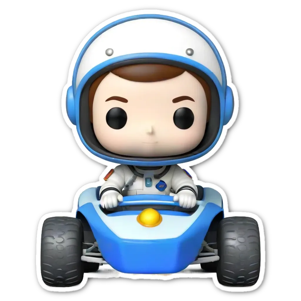 A sticker of a pop figure driving a race car.