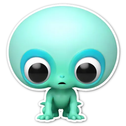 A green alien figure with black eyes is looking down.