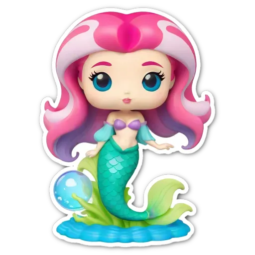 A small cartoon figure of a mermaid with a blue ball in her mouth.