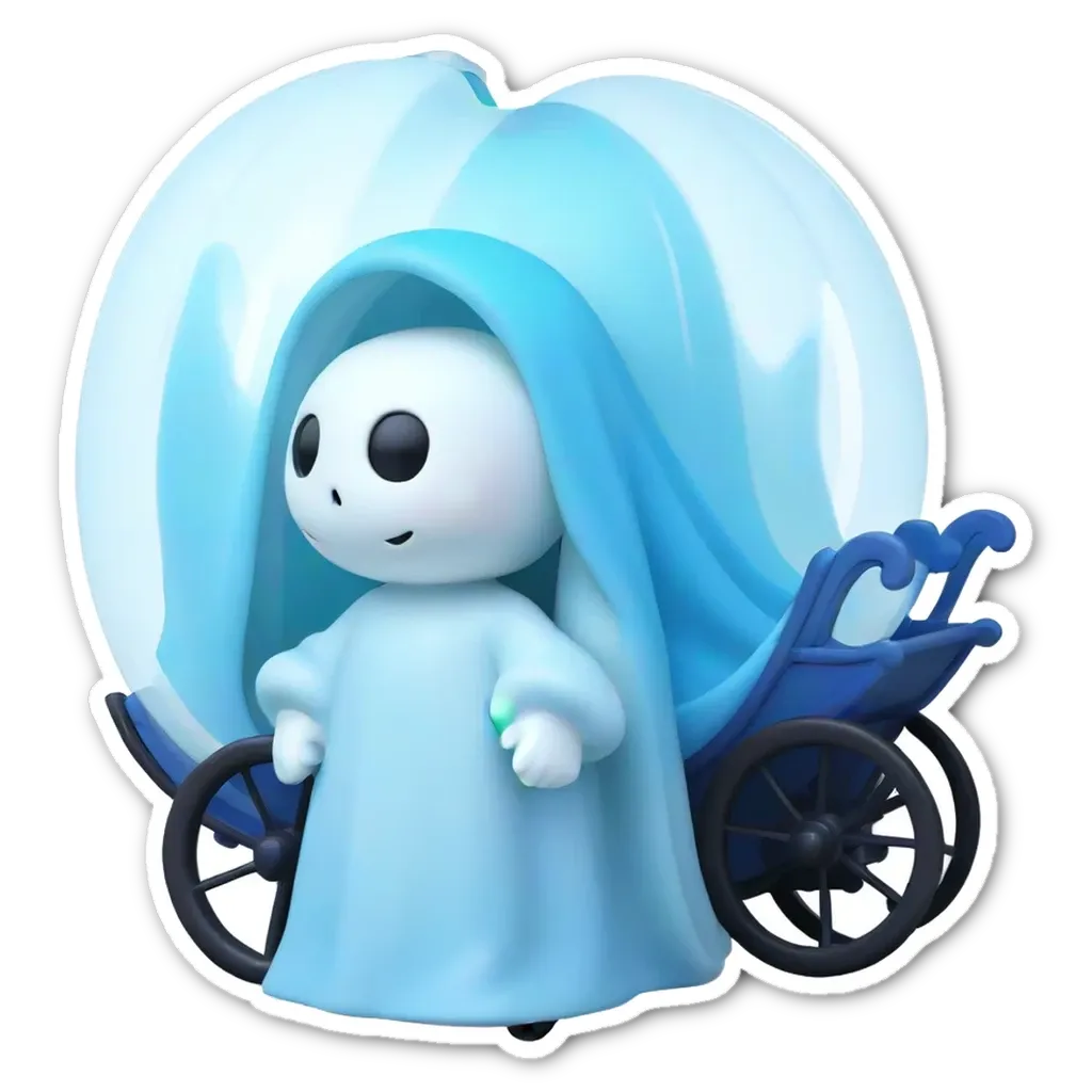 A ghost in a carriage with blue and white clothing.