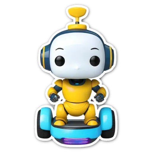 A sticker of a robot that is standing on a wheeled pad.