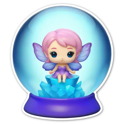 A sticker of a fairy sitting in a snow globe.