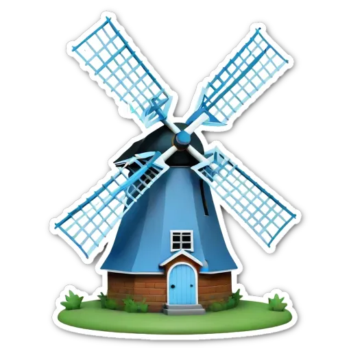 A windmill with a blue house with 3 windwos.