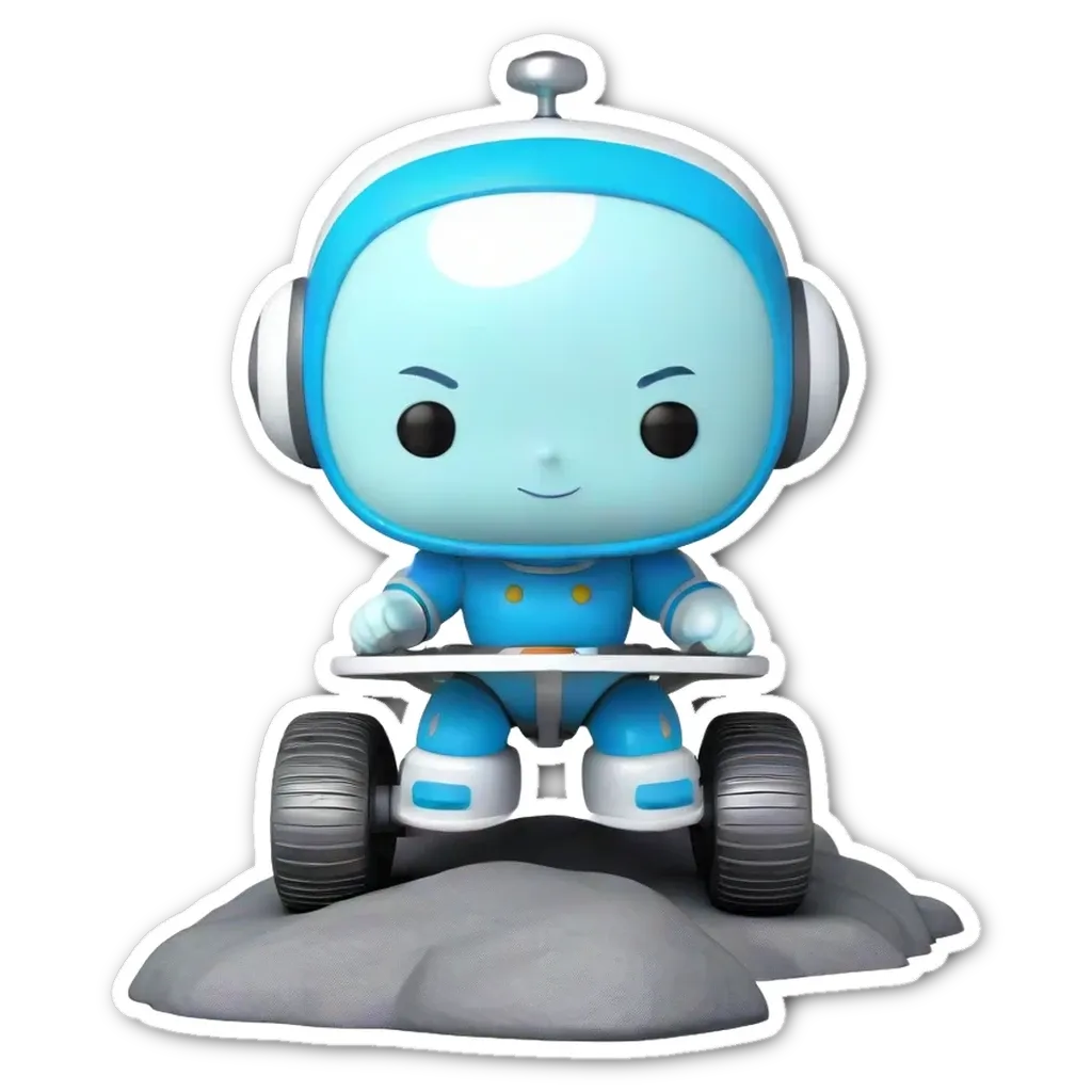 A sticker of a blue and white robot that is sitting on a toy planet.