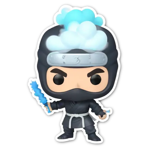 A black pop figure of a ninja holding a blade with a black background.